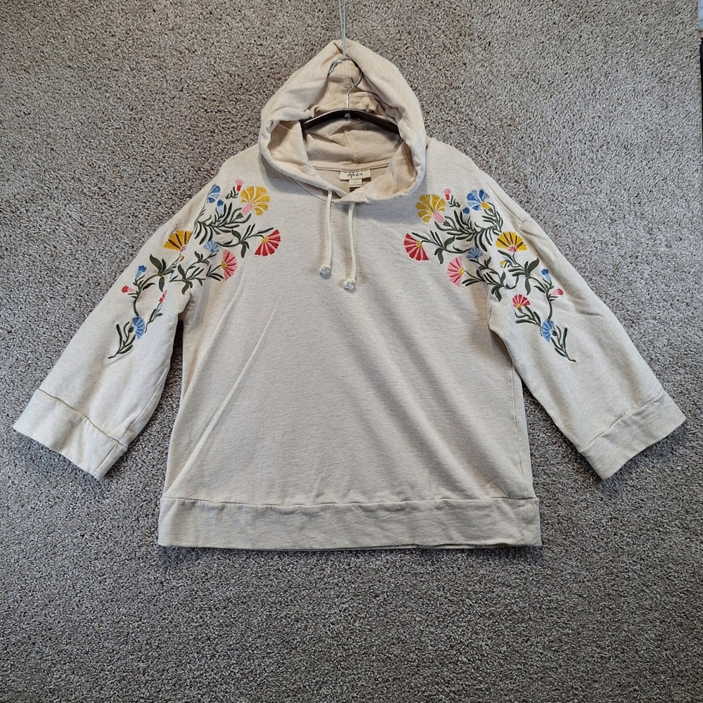 Style & Co Hoodie Womens Large‎ Beige Floral Embroidered Pullover Boho Casual